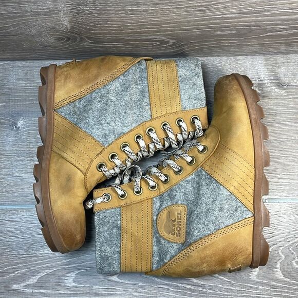 Sorel Lexie Wedge Tan Leather Gray Felt Women’s Sz 10 Lace Up Hidden Wedge Boots - Picture 9 of 11